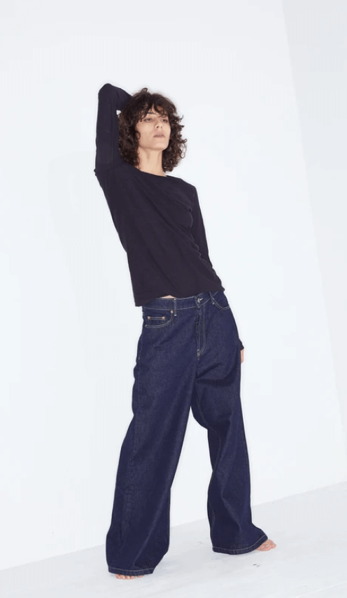woman wearing g.label maverick straight leg jeans