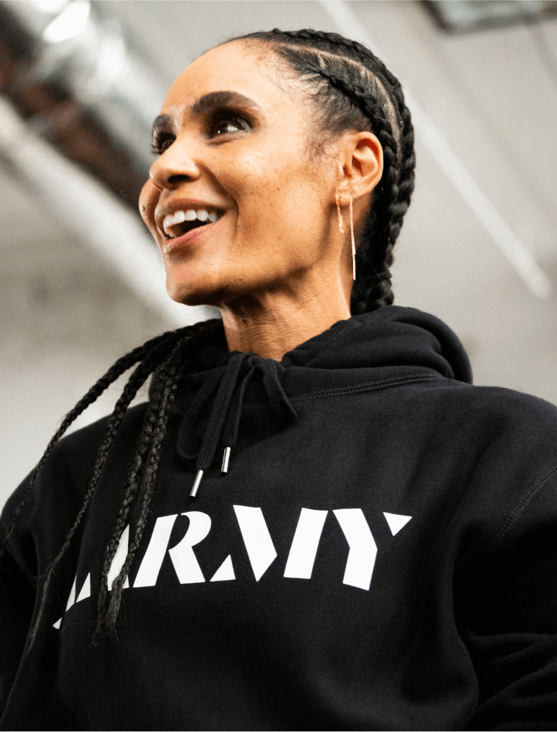 Angela Manuel-Davis wearing AARMY hoodie