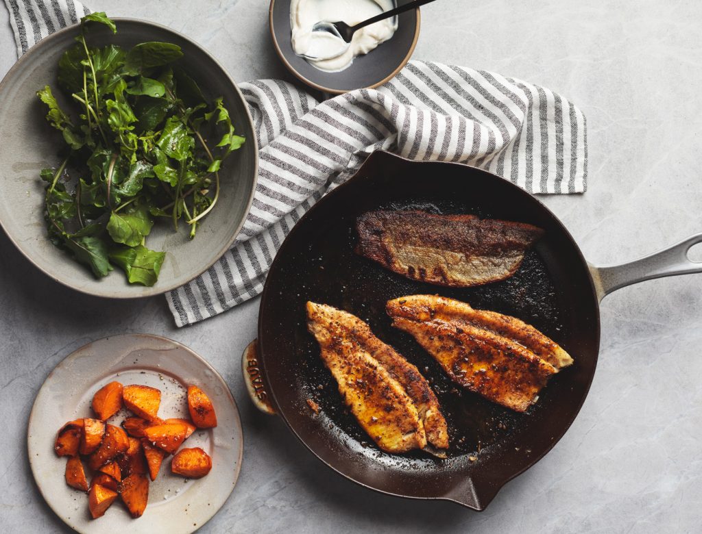Blackened Trout with Roasted Sweet Potatoes and Arugula Salad