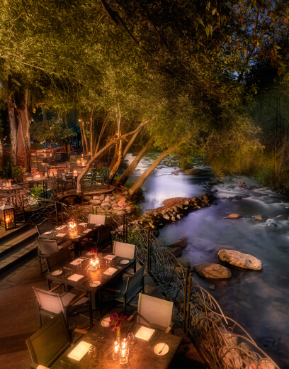 outdoor dining area by the river