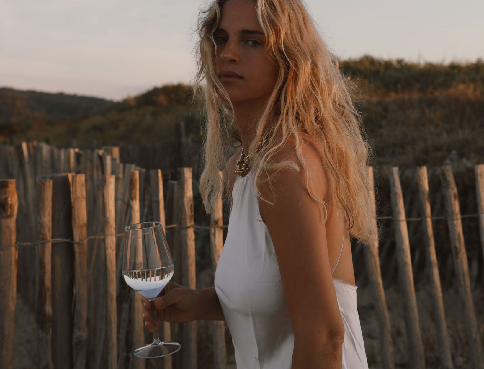 woman outdoors with a solid  of vino  astatine  sunset