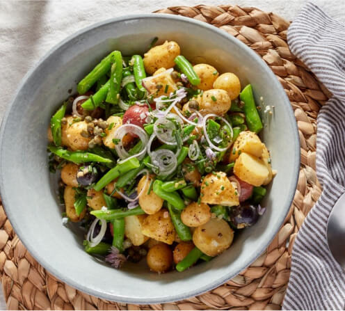     Mustard salad with potatoes with green beans