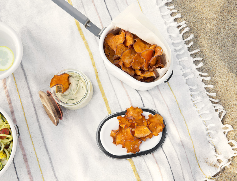 Sweet Potato Chips with White Bean and Basil Dip