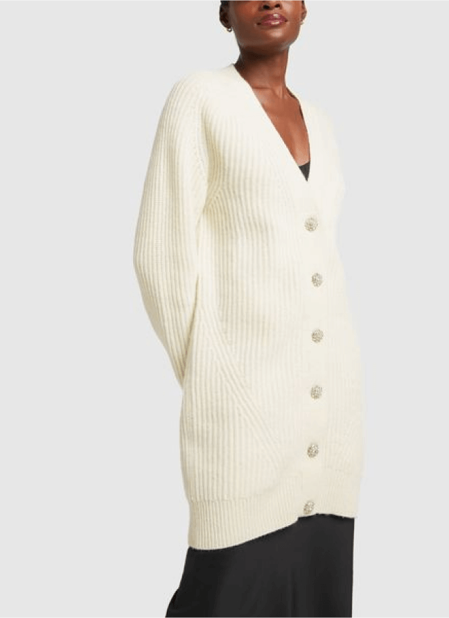 woman posing wearing a ganni cardigan