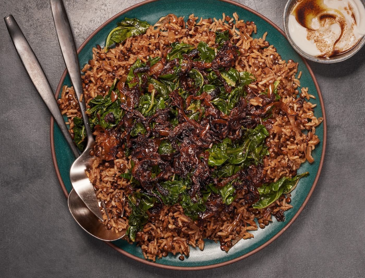 Spiced Rice and Lentils with Greens and Garlicky Yogurt 