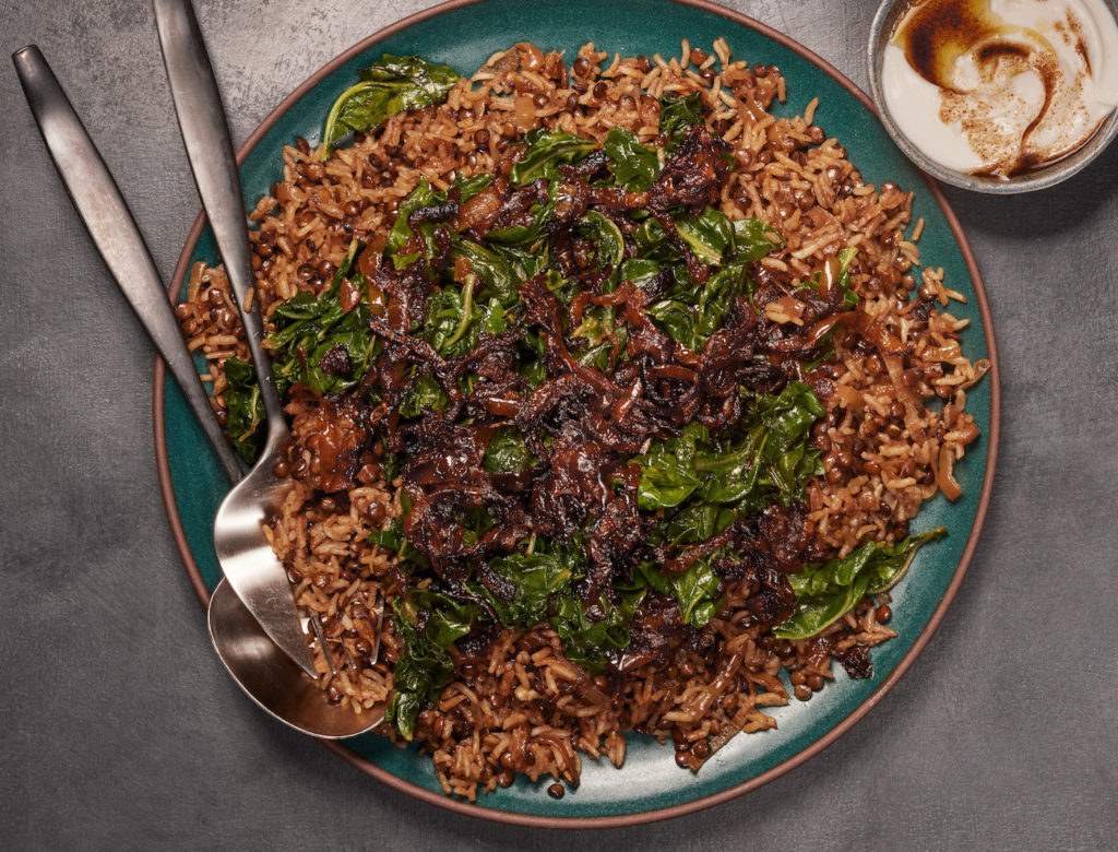 Spiced Rice and Lentils with Greens and Garlicky Yogurt