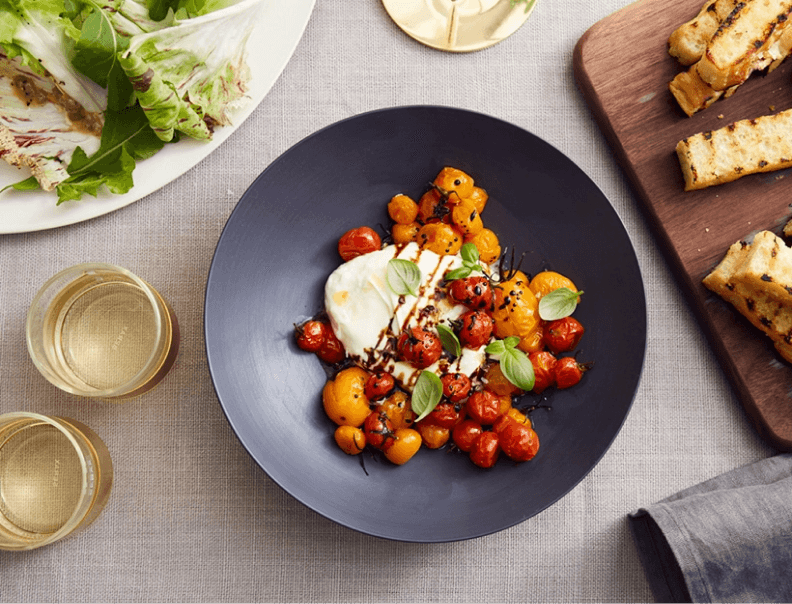 Roasted Cherry Tomatoes with Burrata and Grilled Focaccia