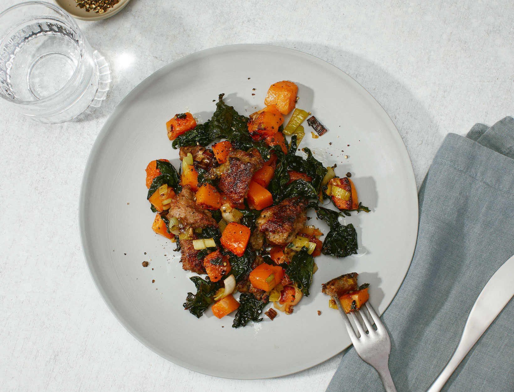 Breakfast-for-Dinner Hash with Turkey Sausage, Butternut Squash, and Kale
