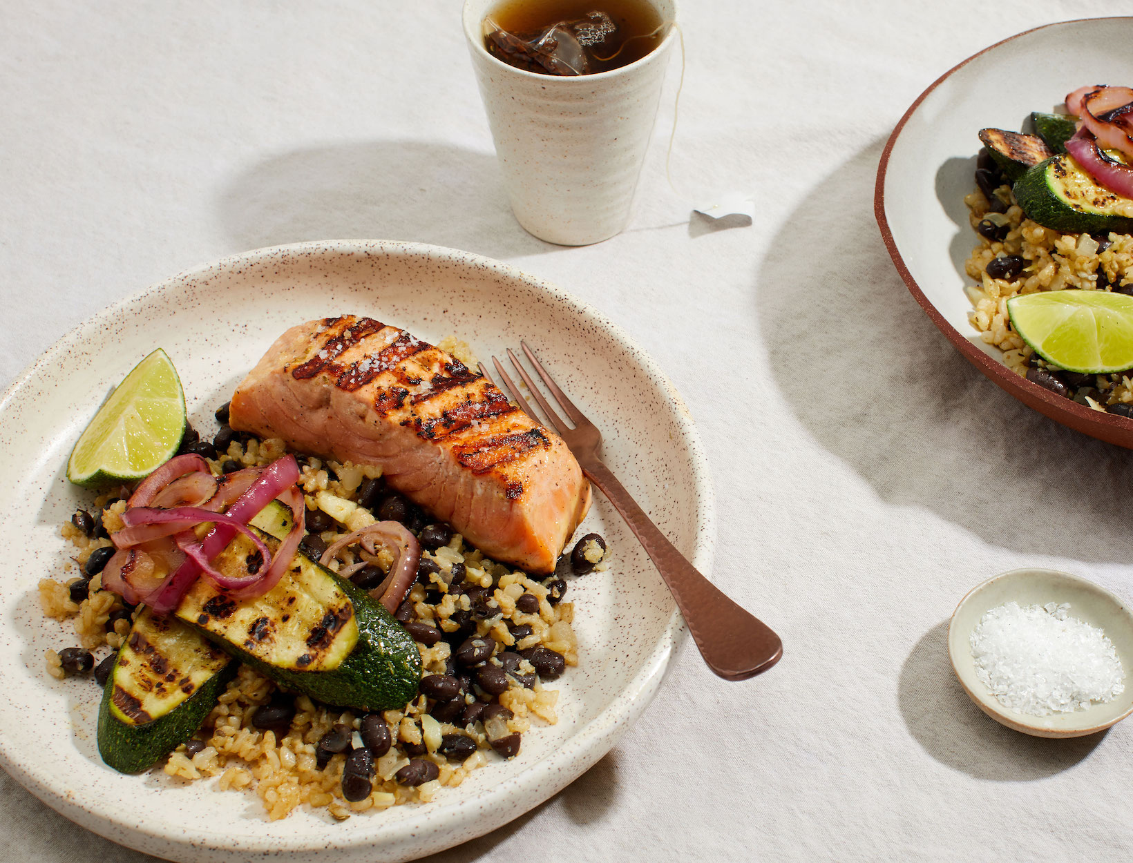 Grilled Mojo Salmon and Veggies with Black Beans and Brown-Cauli Rice Blend