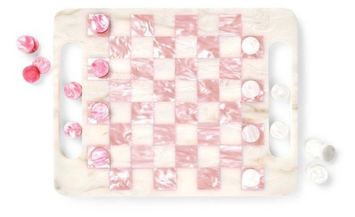 Edie Parker Checkers in Rose Quartz, goop, $1,895
