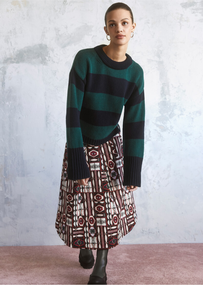 G. LABEL LIU RUGBY-STRIPE SWEATER and KIERRA PRINTED SKIRT