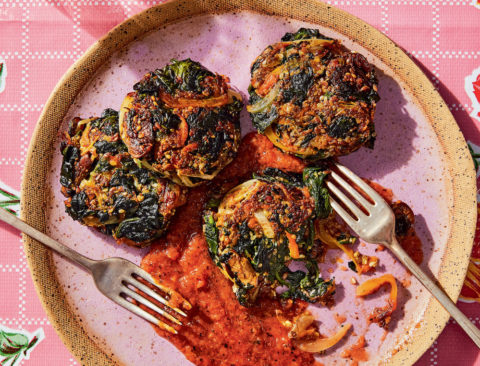 Tlaltequeadas (Spinach and Squash Blossom Fritters with Roasted Tomato and Jalapeño Salsa)