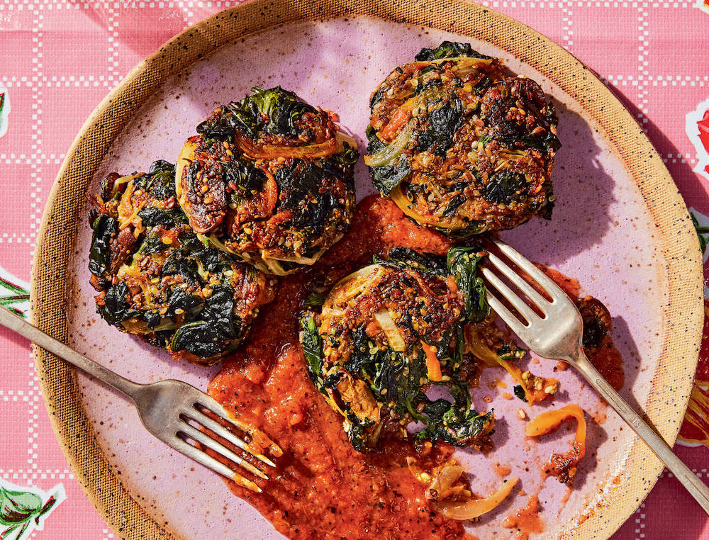 Tlaltequeadas (Spinach and Squash Blossom Fritters with Roasted Tomato and Jalapeño Salsa)