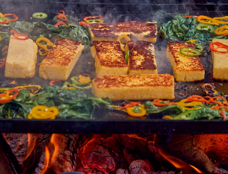 Grilled Polenta Slices with Charred Spinach and Chiles