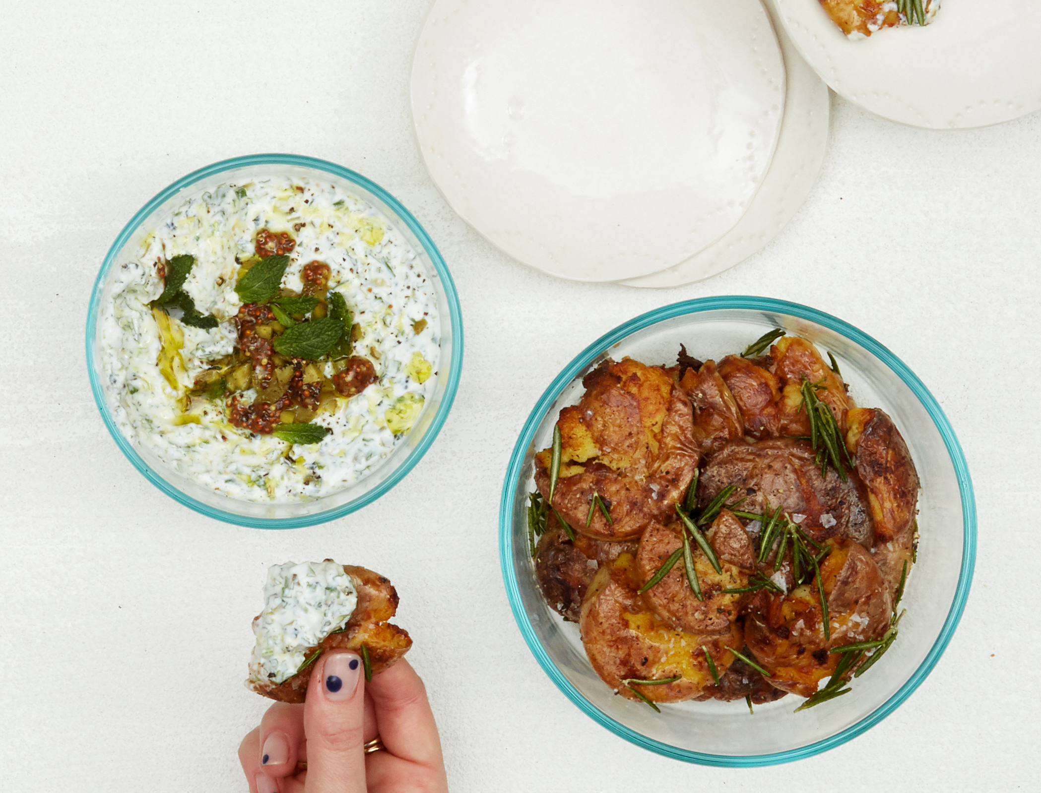 Smashed Potatoes with Yogurt Dip