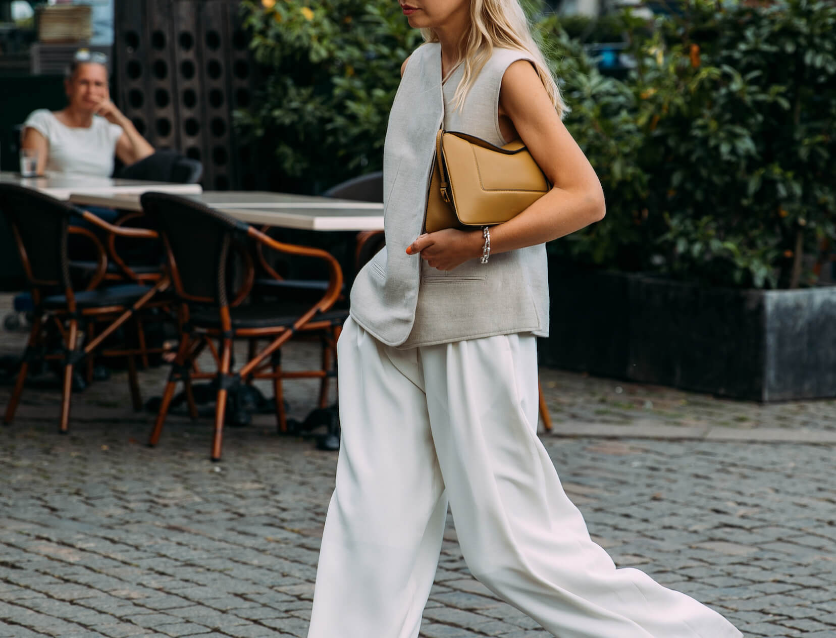 Mustard Wide Leg Pants with White and Navy Outerwear Outfits (3