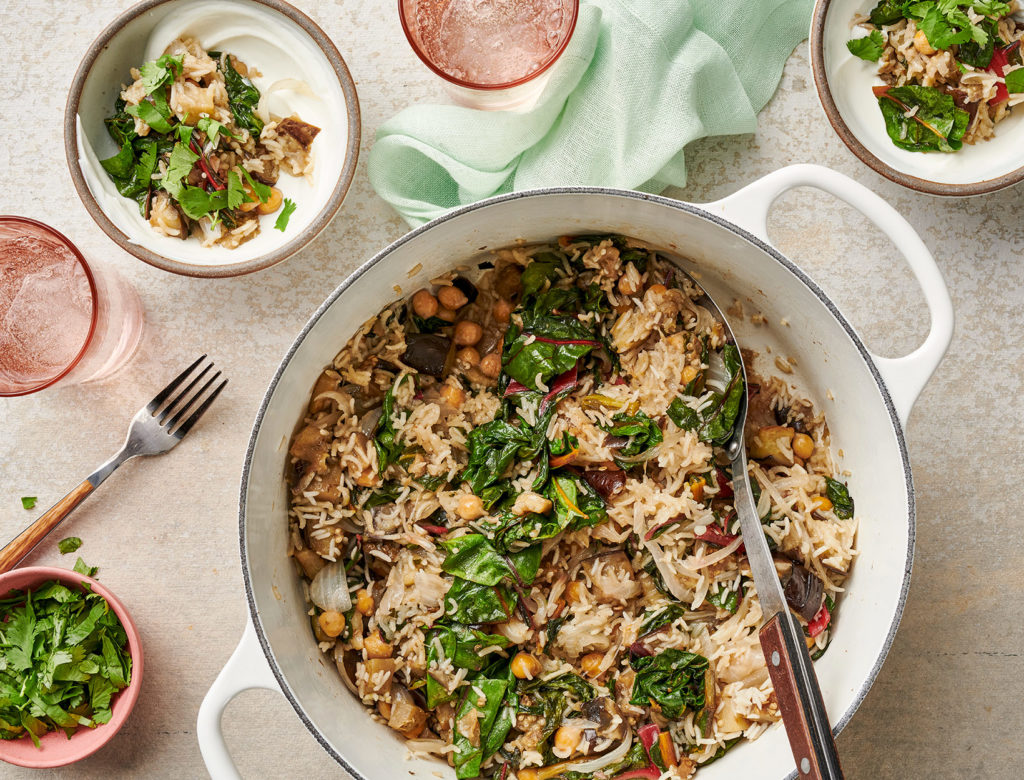 Eggplant and chickpea rice with coriander and yoghurt