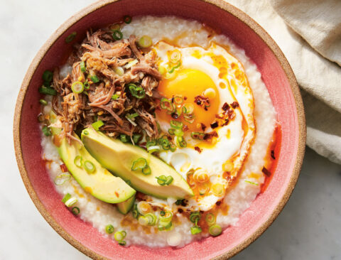 Breakfast Congee with Egg, Avocado, and Scallion