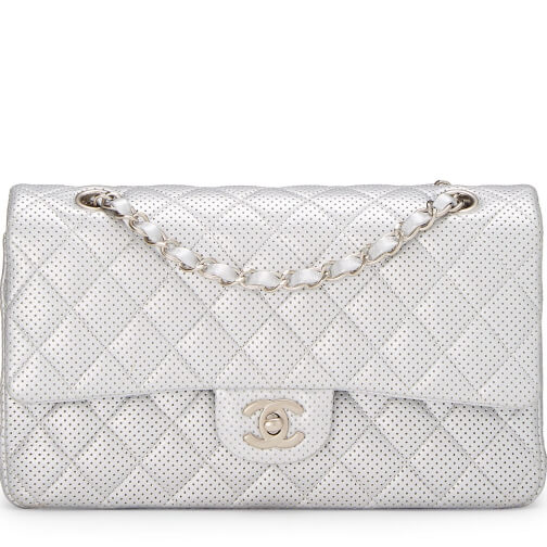 What Goes Around Comes Around CHANEL Silver Perforated 2.55 10 goop, $6,950
