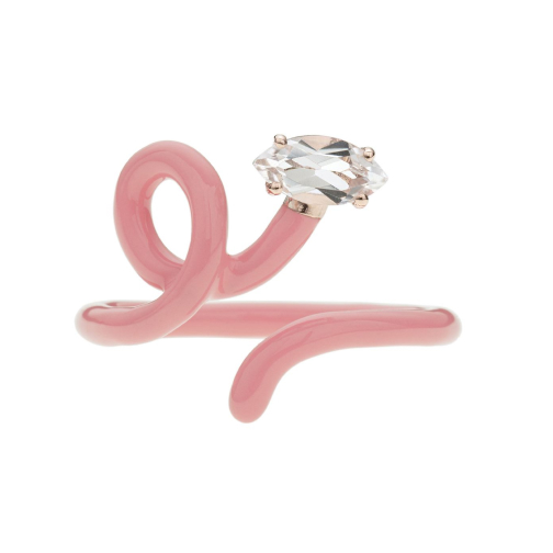 Bea Bongiasca Baby Vine Tendril Ring with Marquise-Cut Rock Crystal and Coral Pink Enamel goop, $675