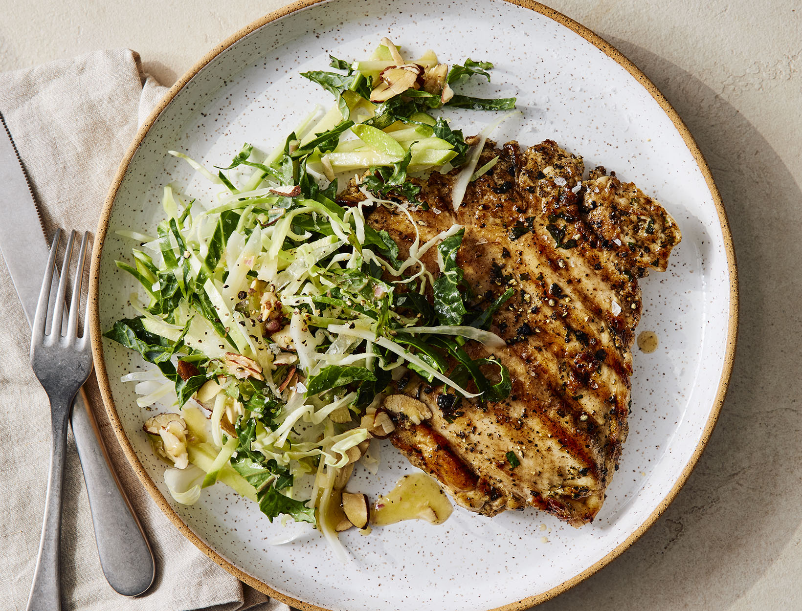 Grilled Chicken Paillard with Shaved Kale Salad and Apple Cider Vinaigrette