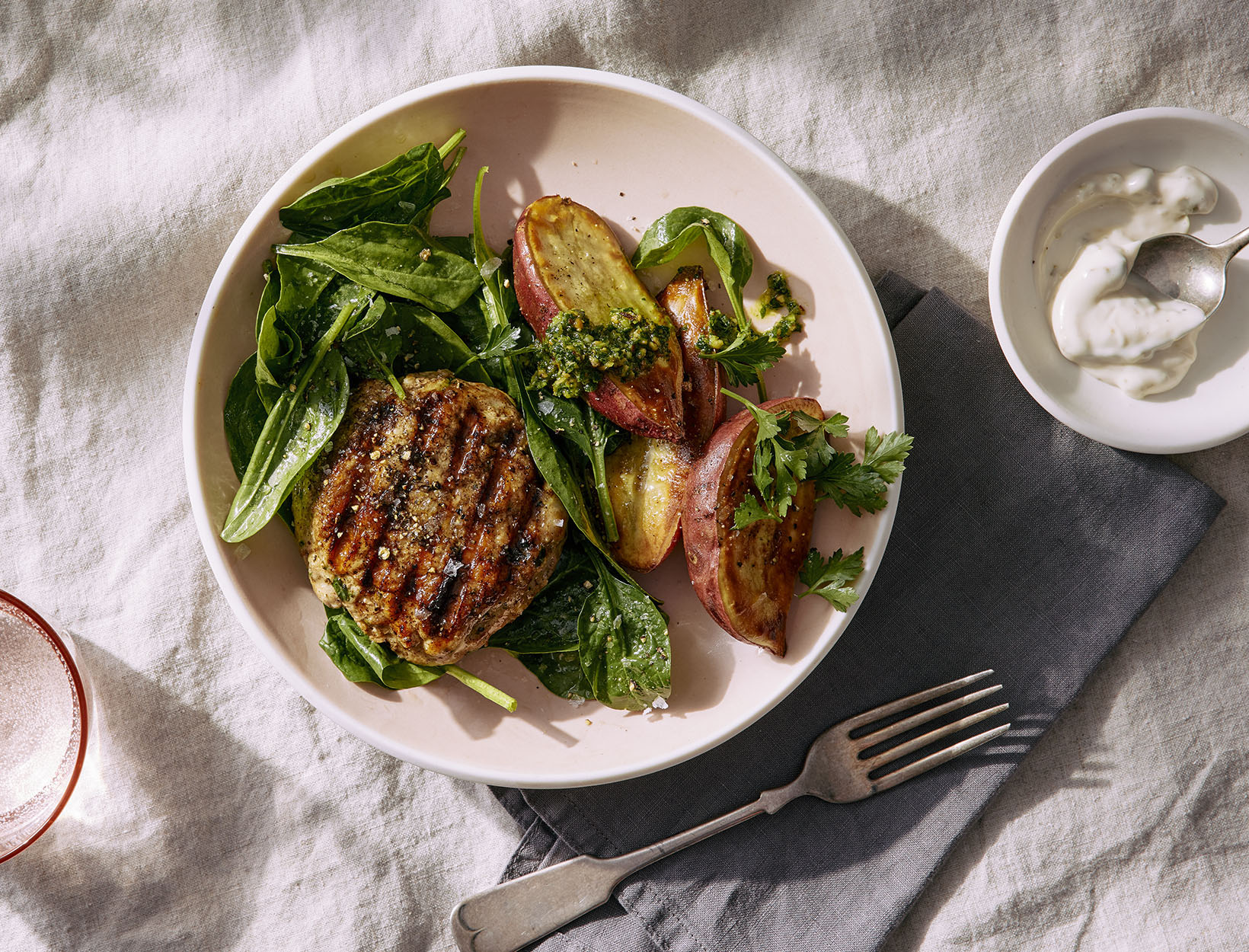 Turkey and Zucchini Burgers with Roasted Sweet Potatoes and Parsley Pesto