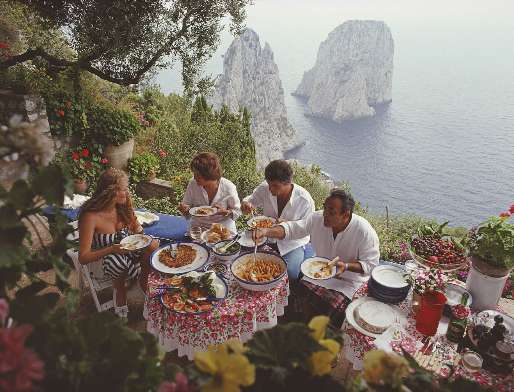 family having outdoor meal