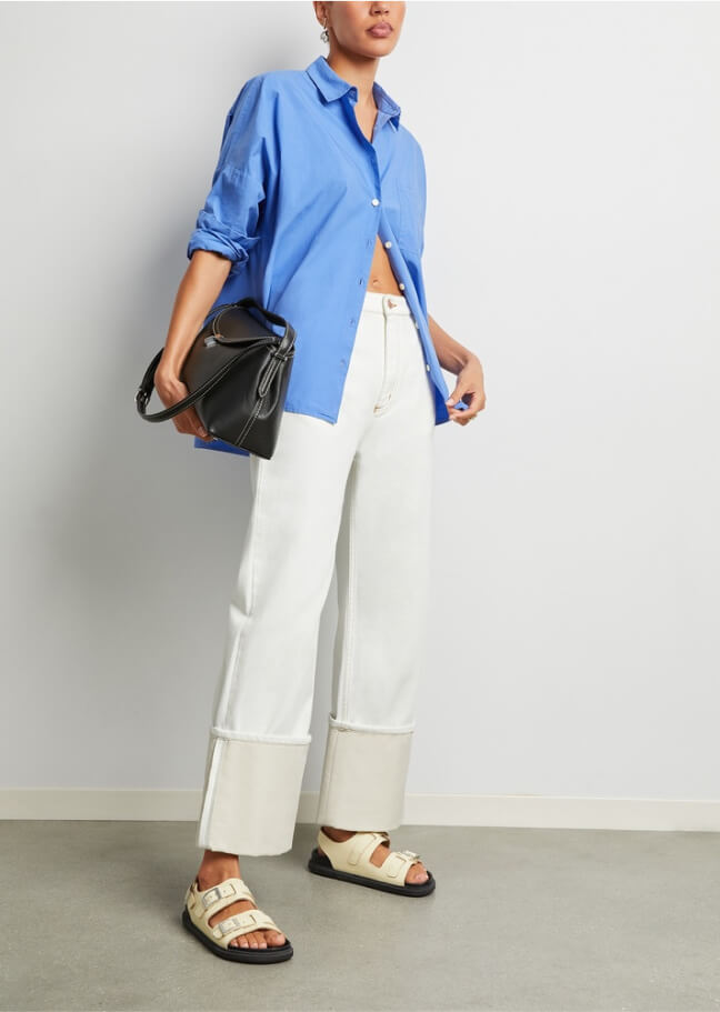 G. LABEL BY GOOP Mizuki White Jeans and BIRKENSTOCK CANNES SANDALS