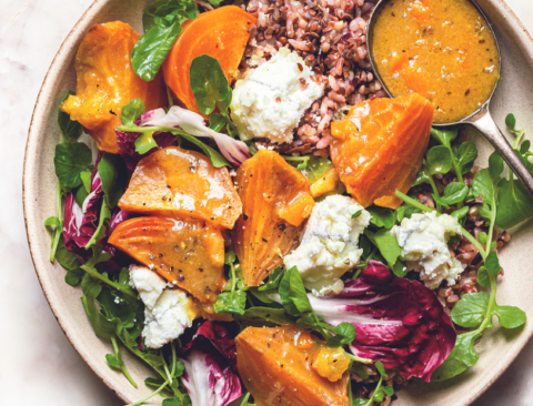 Wild Rice Bowls with Roasted Beets, Goat Cheese, and Preserved Lemon Drizzle