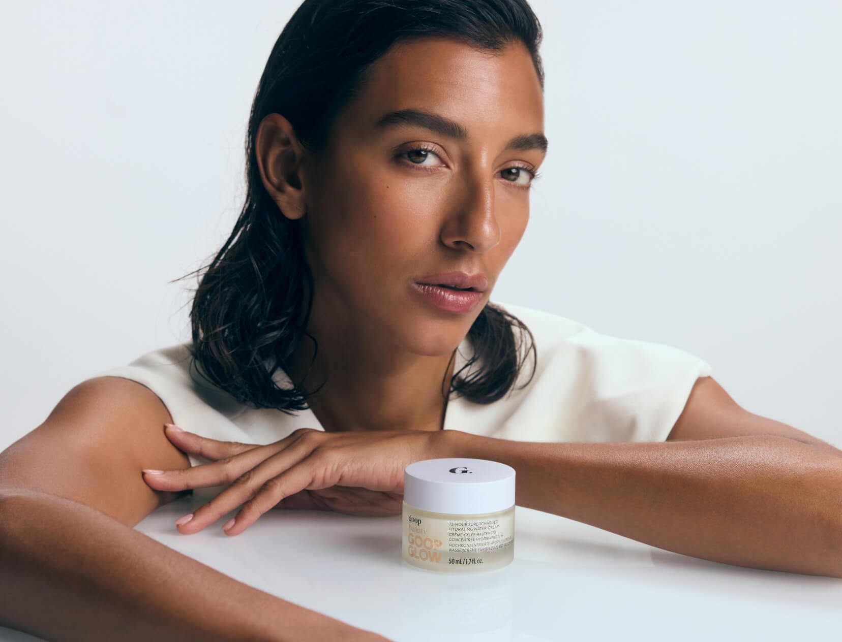 woman posing with goop beauty 72-Hour Supercharged Hydrating Water-Cream