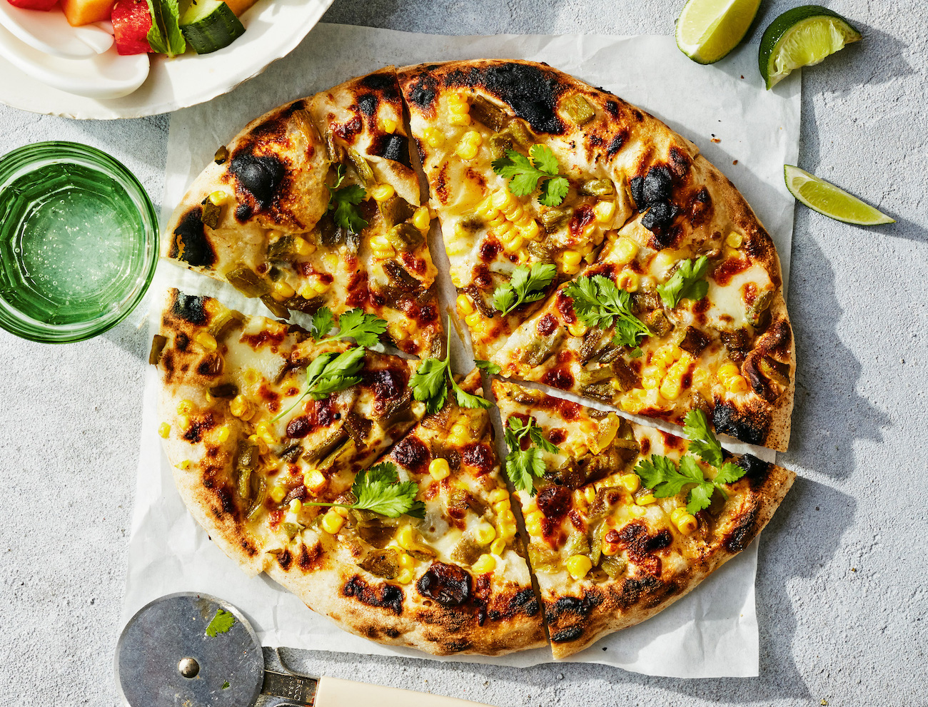Roasted Hatch Chile Pizza with Corn and Oaxaca Cheese