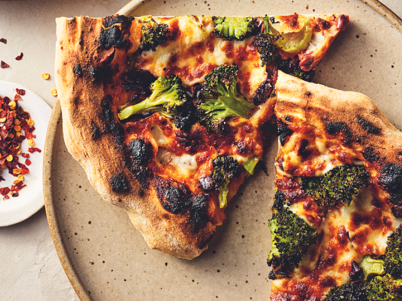 Roasted Broccoli Pizza with Tomato Butter and Olives Recipe | goop