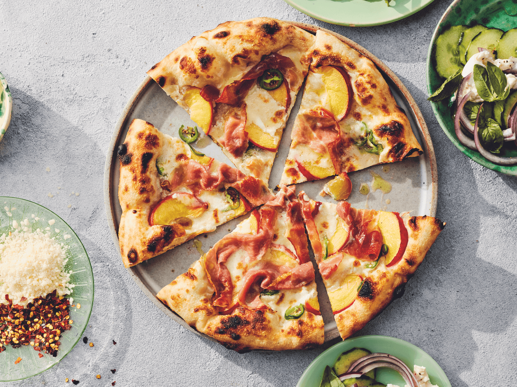 Peach Pizza with Jalapeño, Prosciutto, and Crème Fraîche